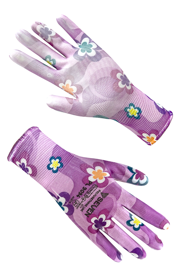 Рукавички жіночі синтетичні фіолетові з поліуретановим покриттям кольоровий принт SEVEN 69094 р.8